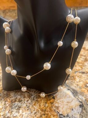 Gold Pearl Station Long Necklace - White Pearls